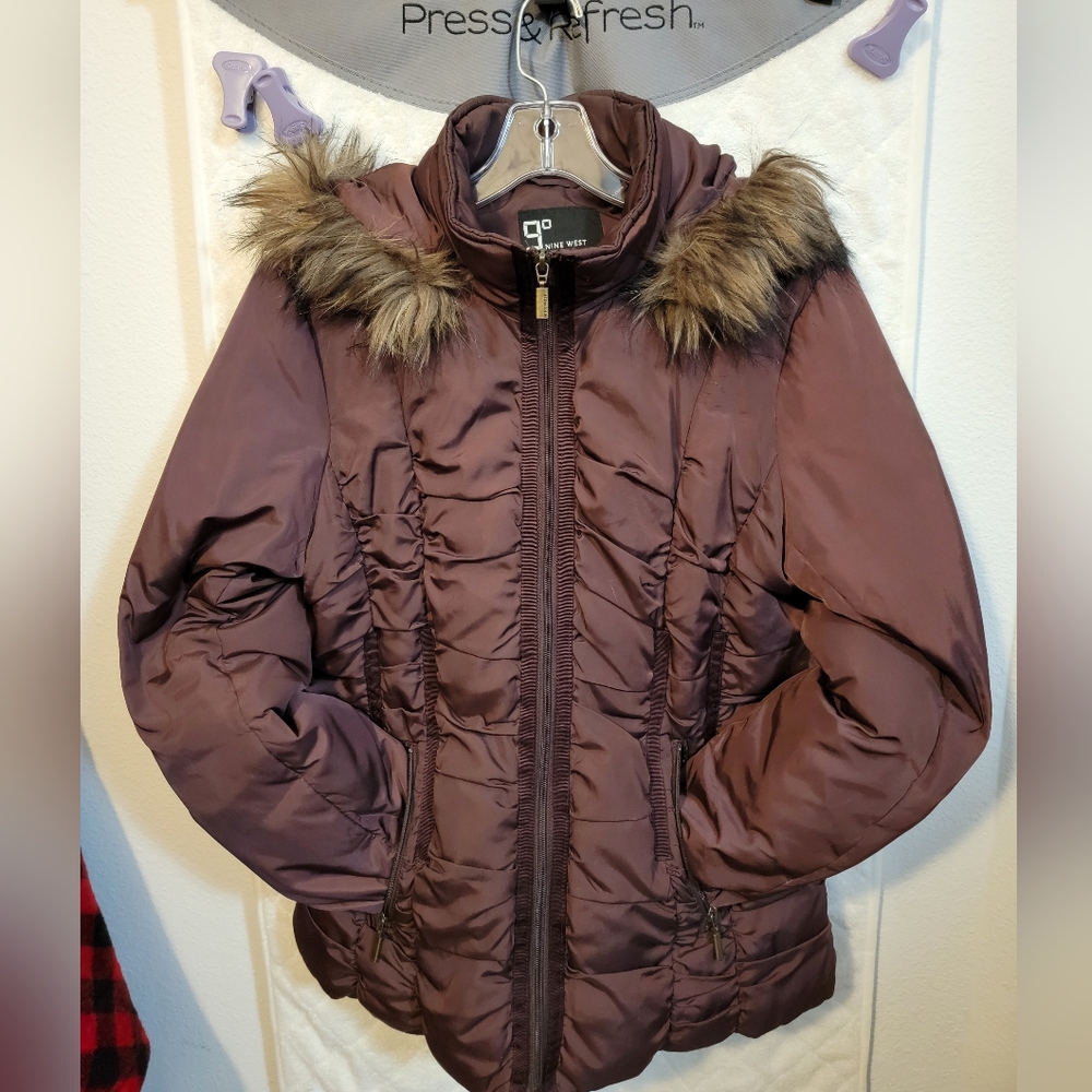 Nine West Dark Purple Puffer Jacket with Removable Faux Fur Hood